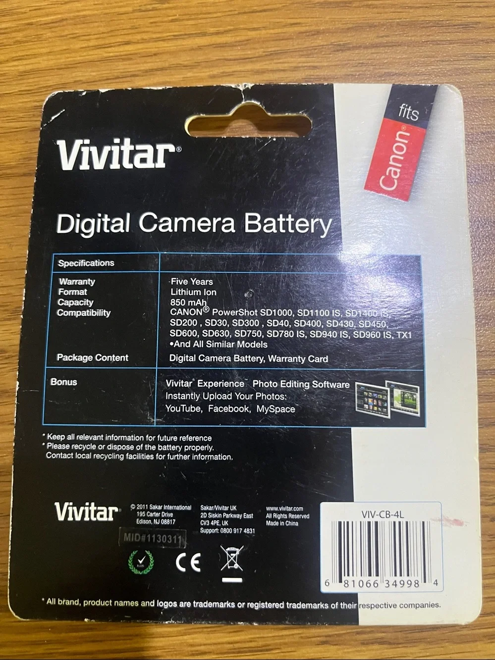 Vivitar Digital Camera Battery Pack (fits Canon NB-4L) 850 mAh